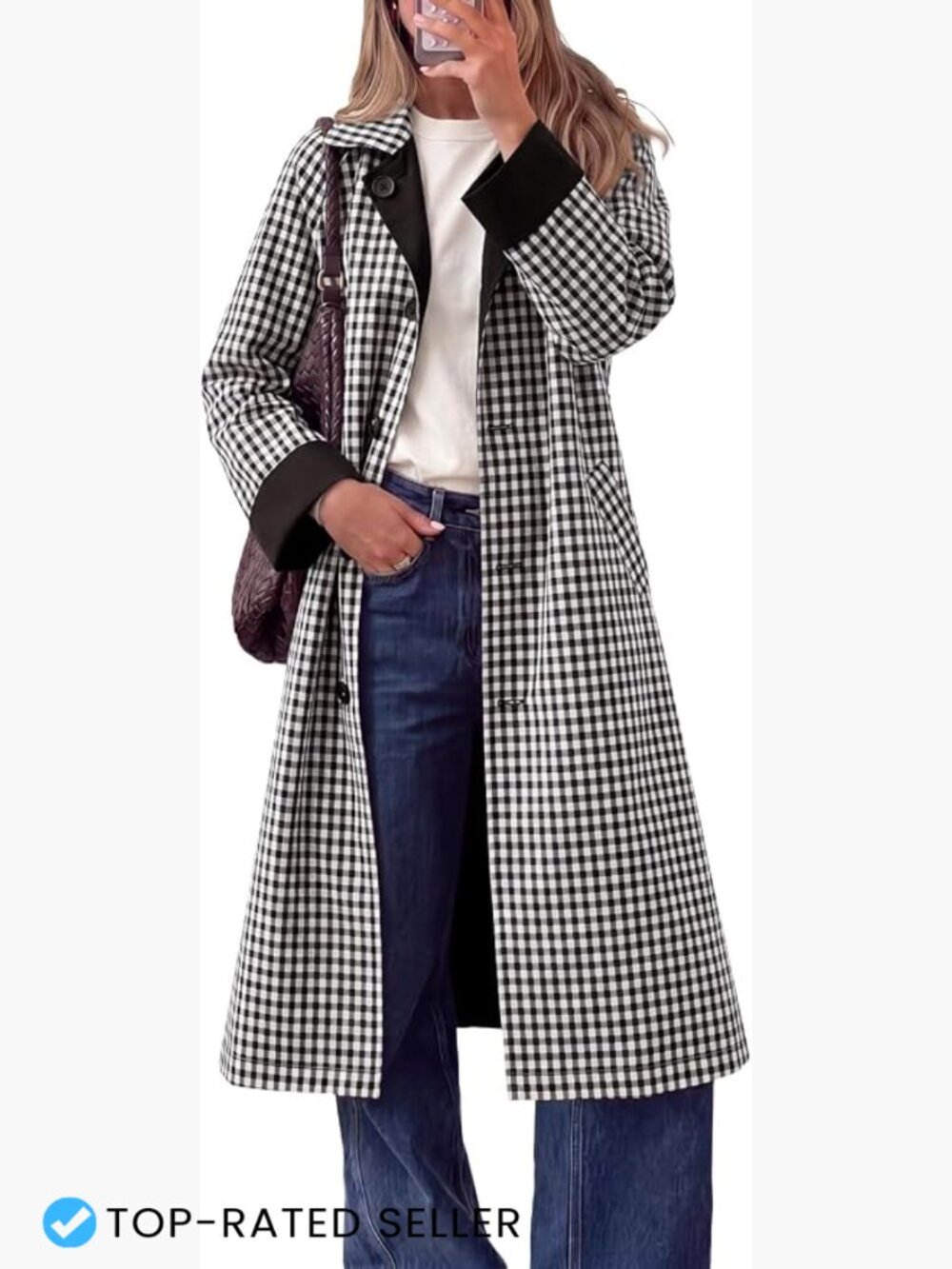 Reversible Long Trench Coat Plaid Windproof Overcoat Chic Classic Office